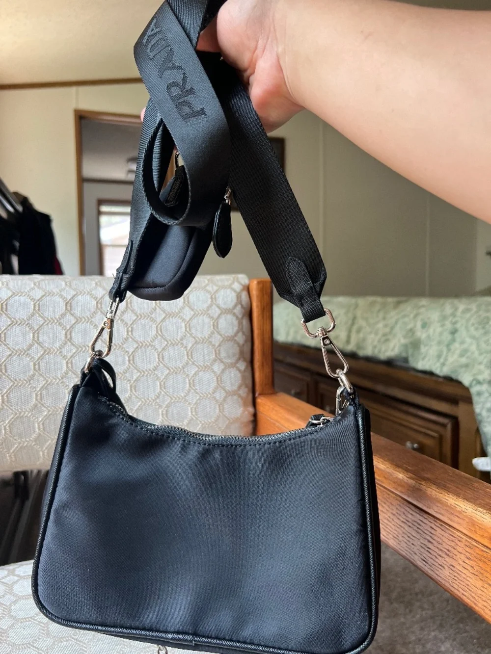 Black Nylon Shoulder Bag with Chain Accent